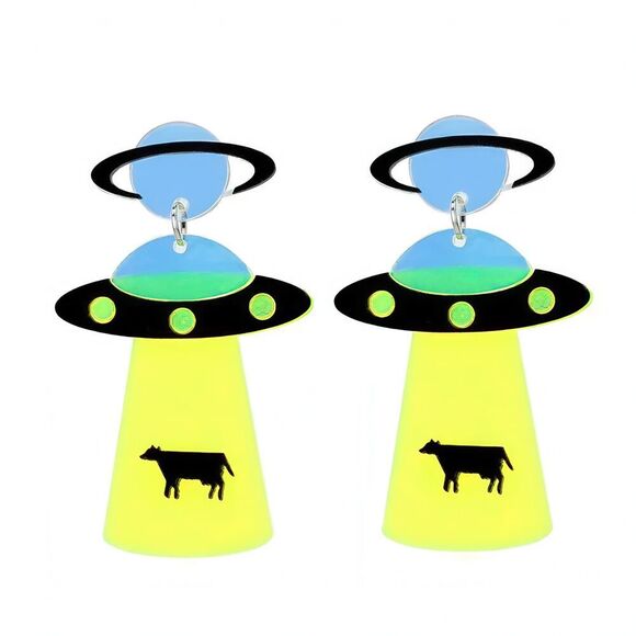 Neon Alien Space Ship Abducting‎ Cow Acrylic Earrings - Picture 1 of 9